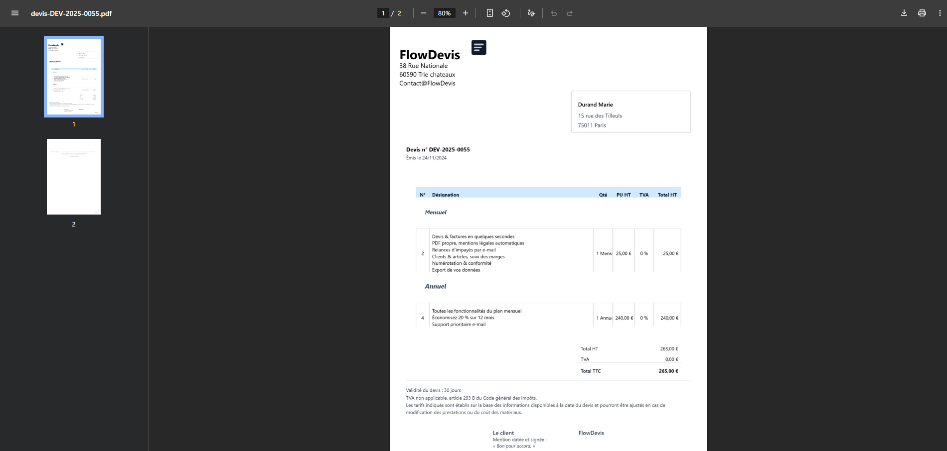 PDF FlowDevis avec mentions légales et pied de page pro